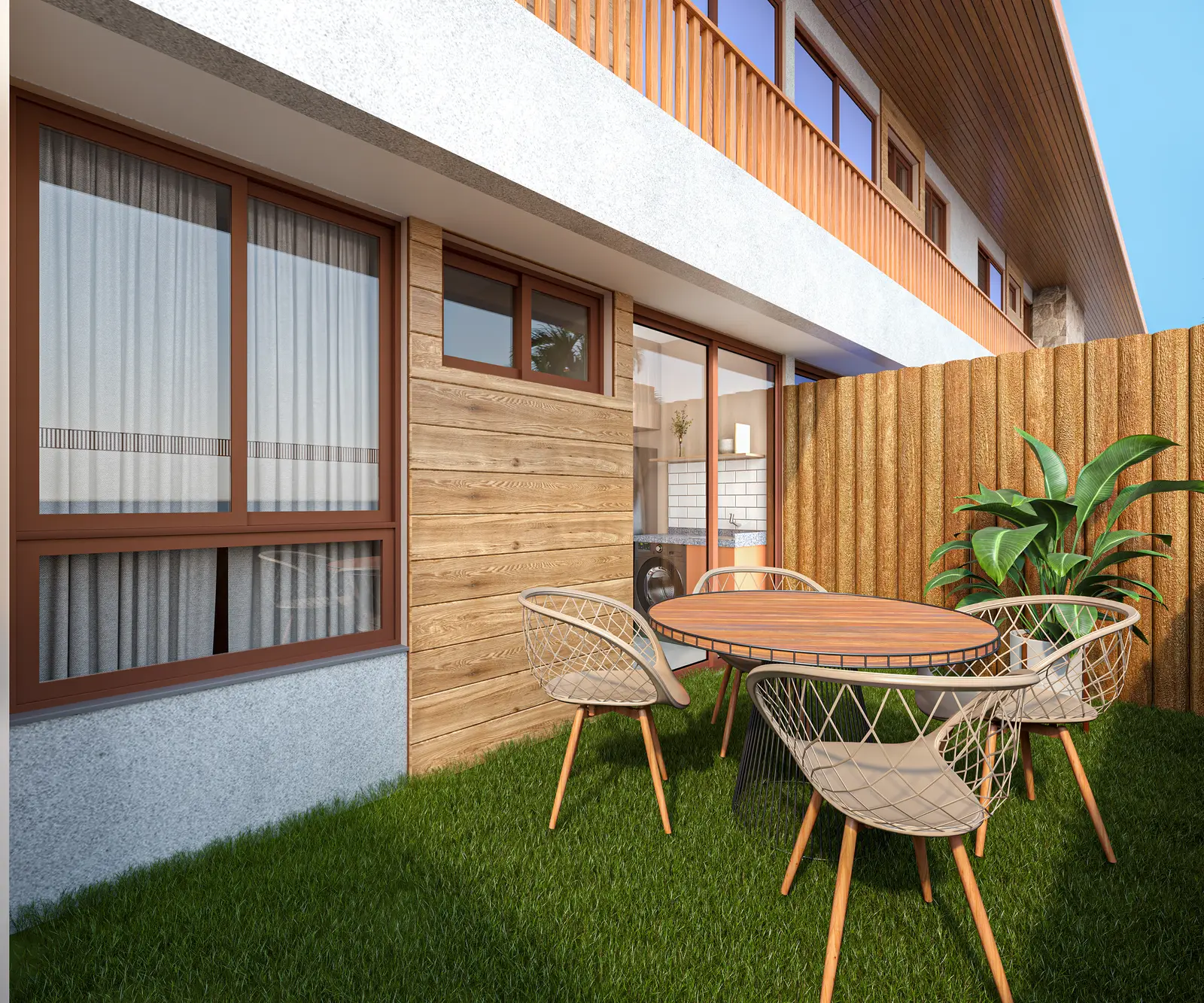 Garden privativo com gramado, mesa e cadeiras